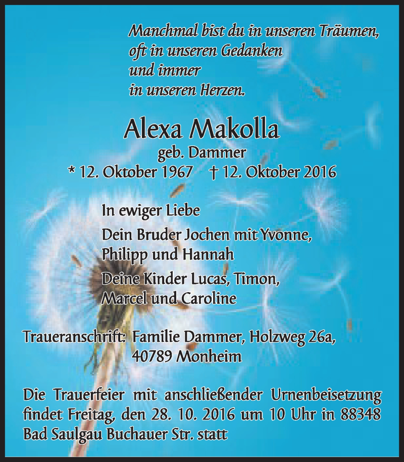  Traueranzeige für Alexa Makolla vom 19.10.2016 aus Wochen-Anzeiger Langenfeld/Monheim/Hilden