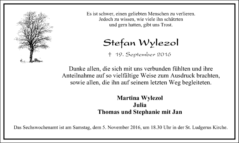  Traueranzeige für Stefan Wylezol vom 29.10.2016 aus Stadtspiegel Bottrop