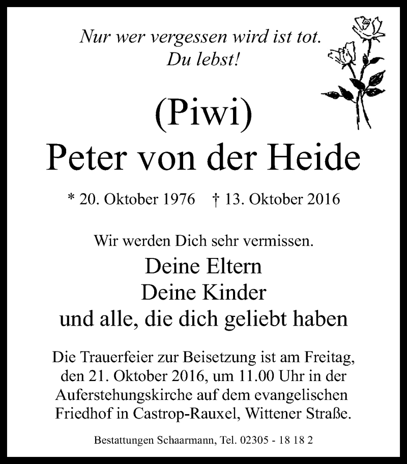  Traueranzeige für Peter von der Heide vom 19.10.2016 aus Stadtanz.Castrop-Rauxel