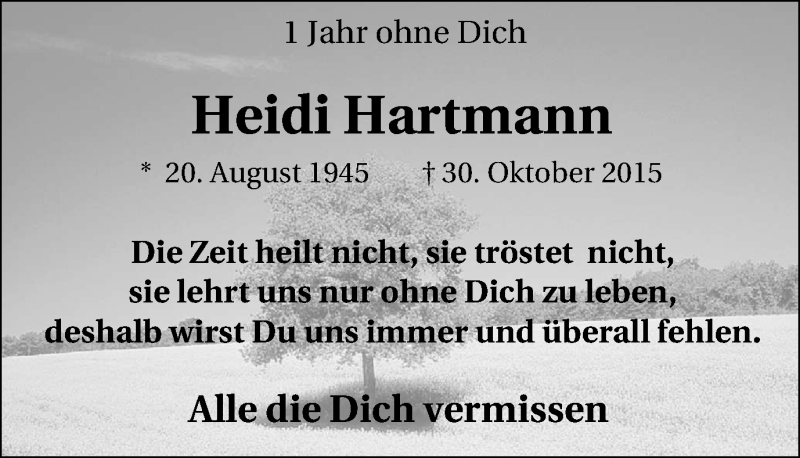  Traueranzeige für Heidi Hartmann vom 29.10.2016 aus Lüner Anzeiger