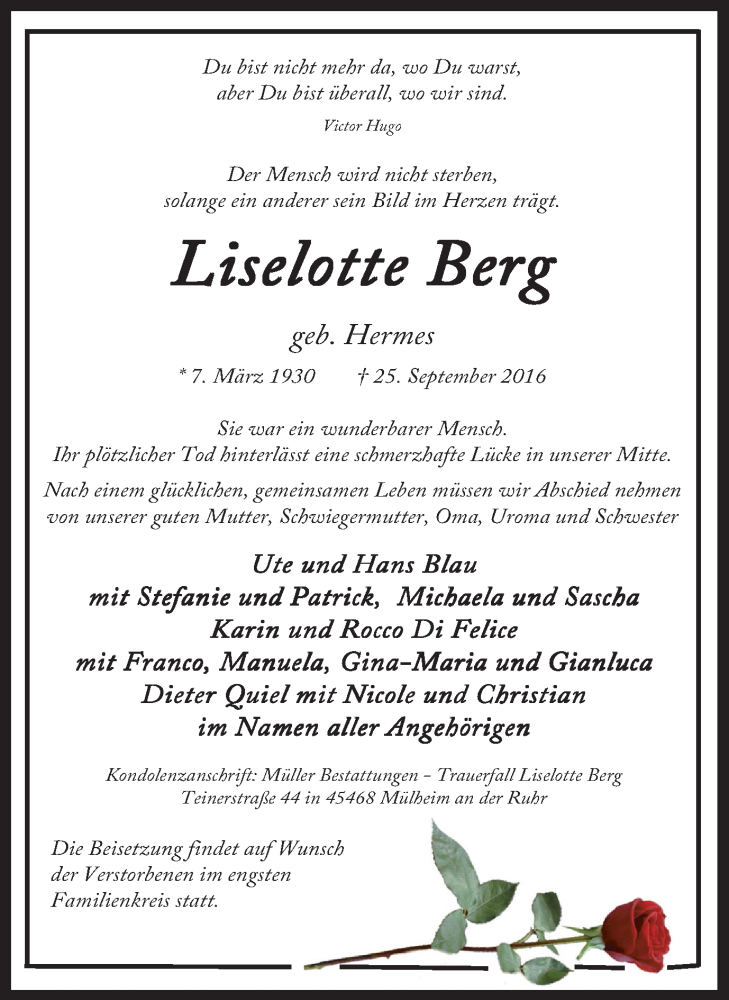  Traueranzeige für Liselotte Berg vom 01.10.2016 aus Mülheimer Woche