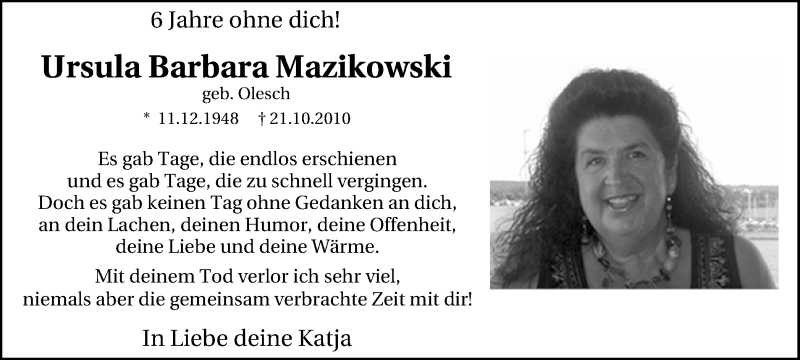  Traueranzeige für Ursula Barbara Mazikowski vom 22.10.2016 aus Lüner Anzeiger