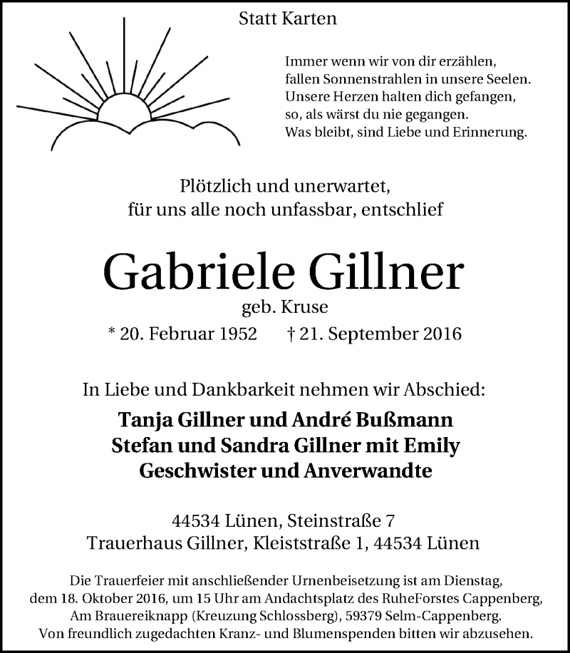  Traueranzeige für Gabriele Gillner vom 08.10.2016 aus Lüner Anzeiger