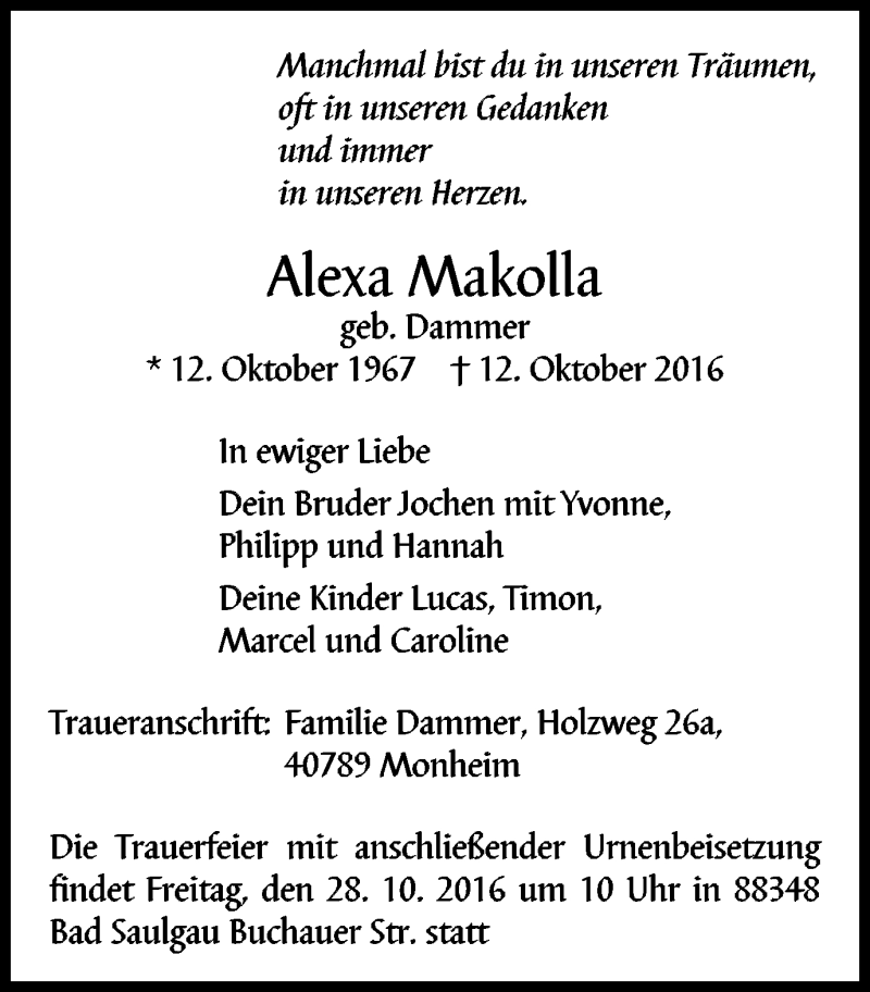  Traueranzeige für Alexa Makolla vom 22.10.2016 aus Wochen-Anzeiger Langenfeld/Monheim/Hilden