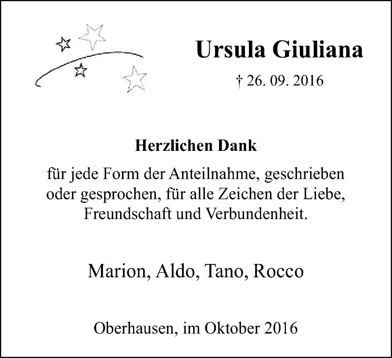  Traueranzeige für Ursula Giuliana vom 29.10.2016 aus Wochen-Anzeiger Oberhausen