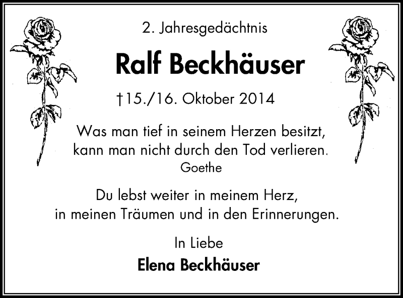  Traueranzeige für Ralf Beckhäuser vom 15.10.2016 aus Stadtspiegel Essen