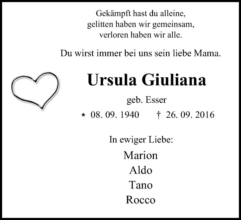  Traueranzeige für Ursula Giuliana vom 01.10.2016 aus Wochen-Anzeiger Oberhausen