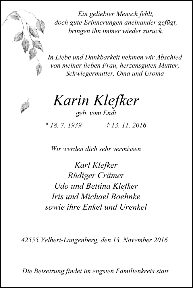  Traueranzeige für Karin Klefker vom 16.11.2016 aus Stadtanzeiger Velbert + Heiligenhaus