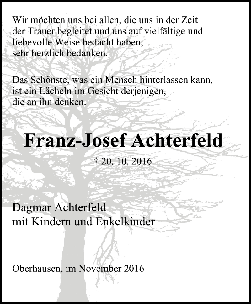  Traueranzeige für Franz-Josef Achterfeld vom 19.11.2016 aus Wochen-Anzeiger Oberhausen