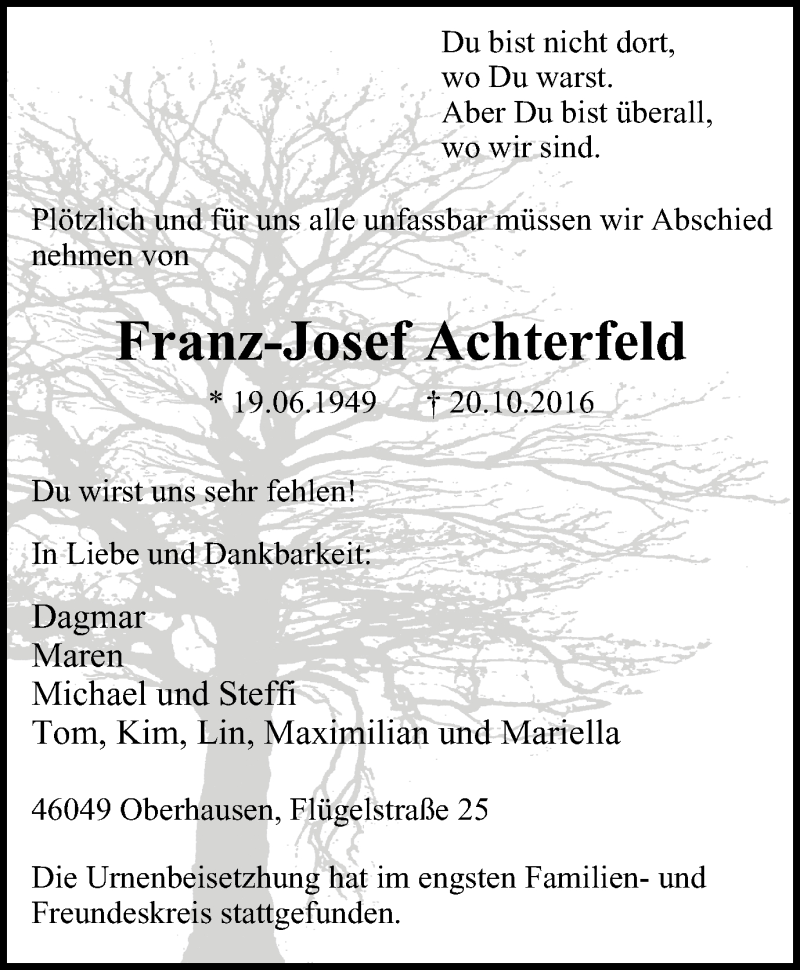  Traueranzeige für Franz-Josef Achterfeld vom 05.11.2016 aus Wochen-Anzeiger Oberhausen