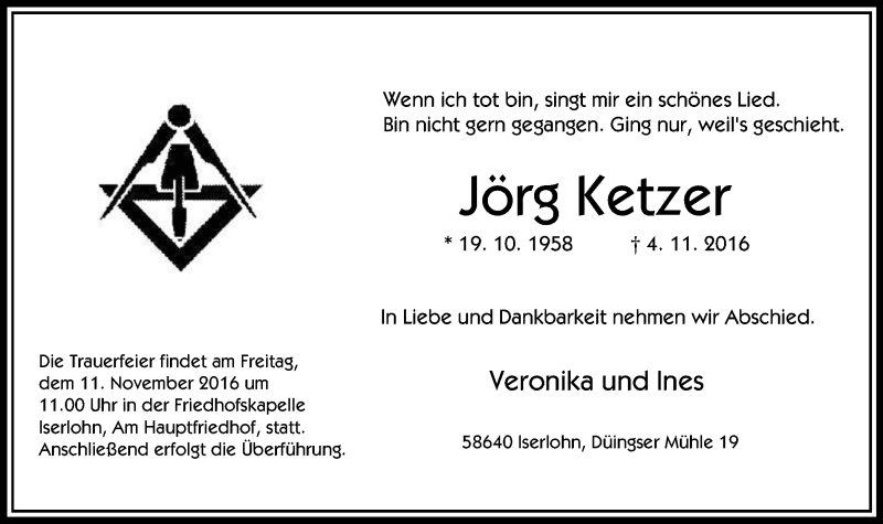 Traueranzeige für Jörg Ketzer vom 09.11.2016 aus Stadtspiegel Iserlohn + Hemer