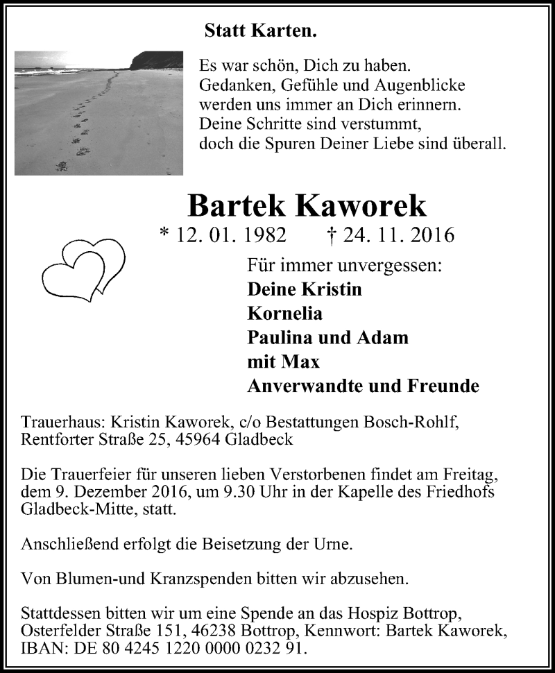  Traueranzeige für Bartek Kaworek vom 03.12.2016 aus Stadtspiegel Gladbeck