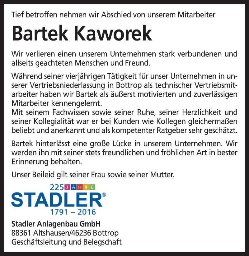  Traueranzeige für Bartek Kaworek vom 03.12.2016 aus Stadtspiegel Bottrop