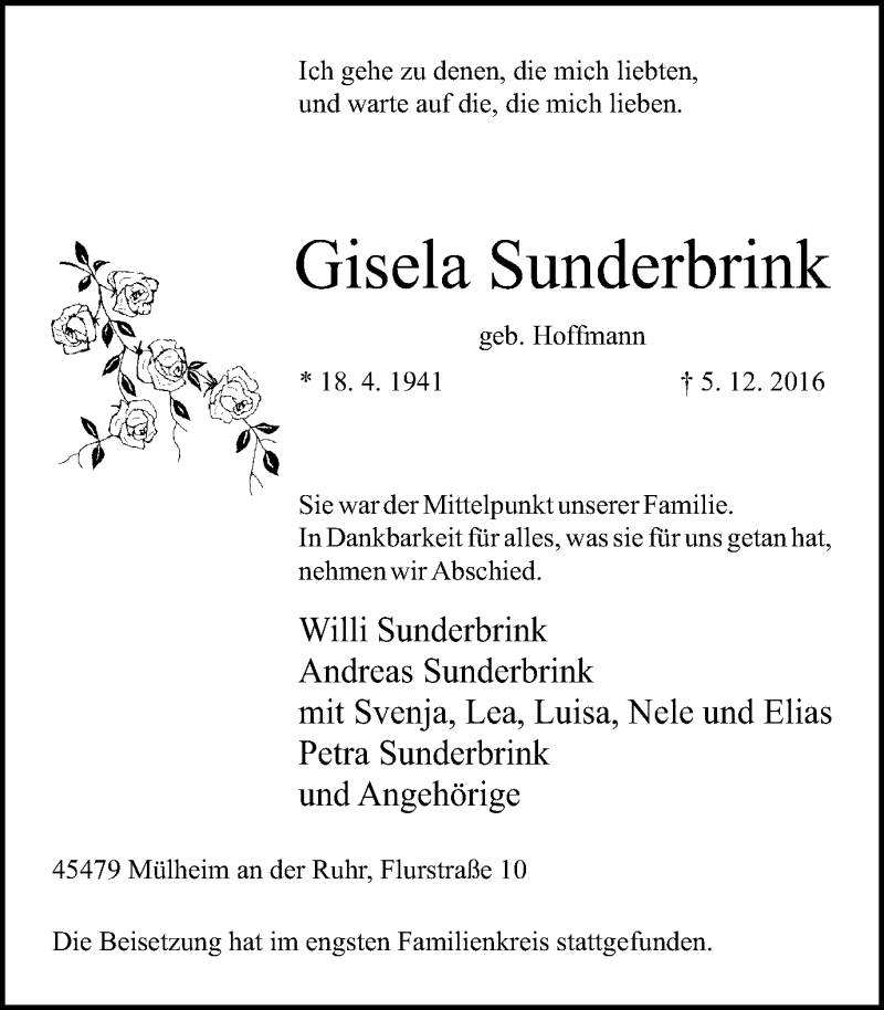  Traueranzeige für Gisela Sunderbrink vom 21.12.2016 aus Mülheimer Woche
