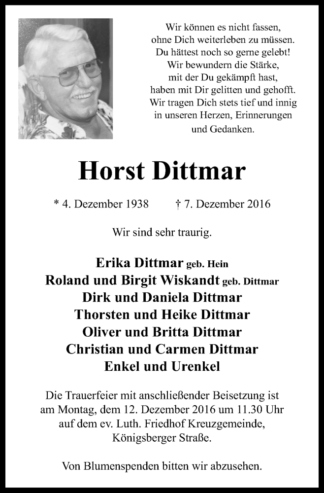  Traueranzeige für Horst Dittmar vom 10.12.2016 aus Witten aktuell