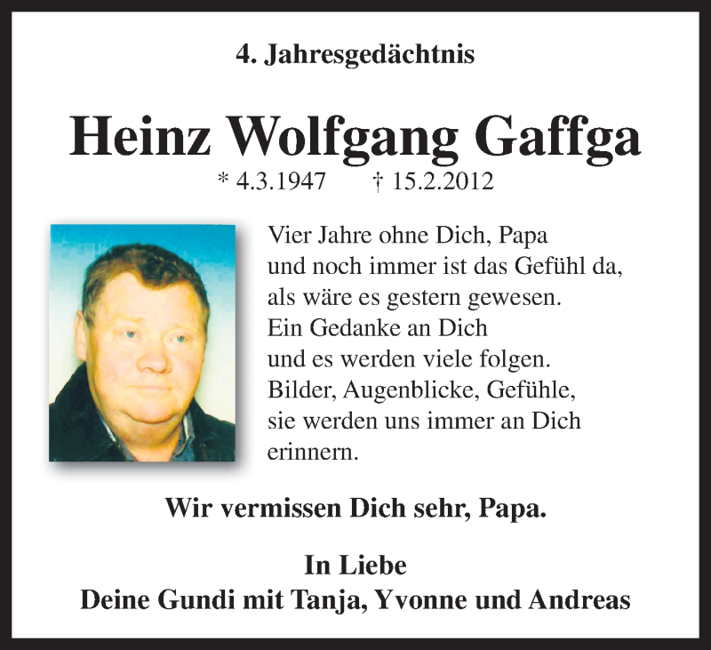 Traueranzeige für Heinz Wolfgang Gaffga vom 17.02.2016 aus Wochen-Anzeiger Oberhausen