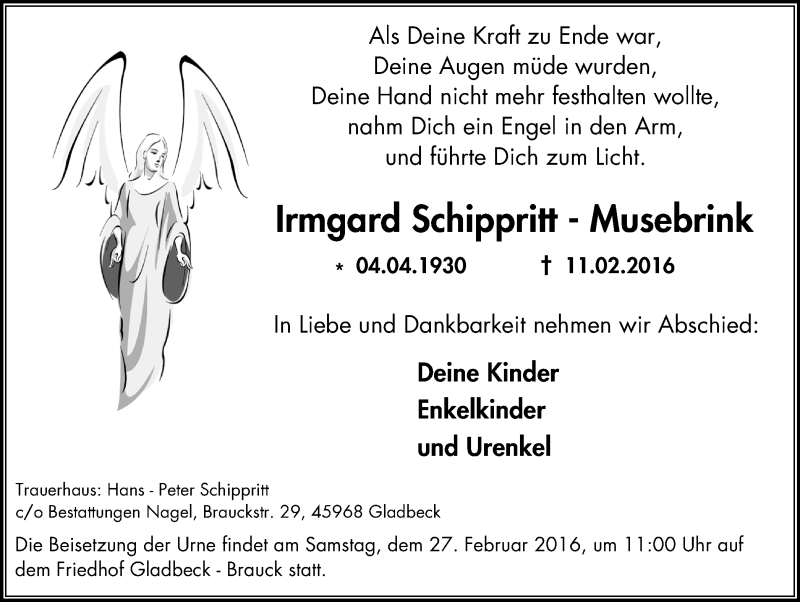  Traueranzeige für Irmgard Schippritt-Musebrink vom 20.02.2016 aus Stadtspiegel Gladbeck