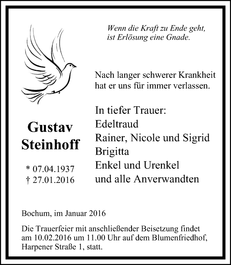  Traueranzeige für Gustav Steinhoff vom 06.02.2016 aus Stadtspiegel Bochum