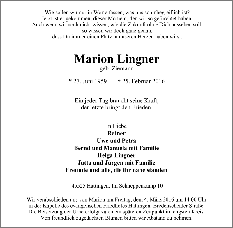  Traueranzeige für Marion Lingner vom 02.03.2016 aus Stadtspiegel Hattingen/Niedersprockhövel