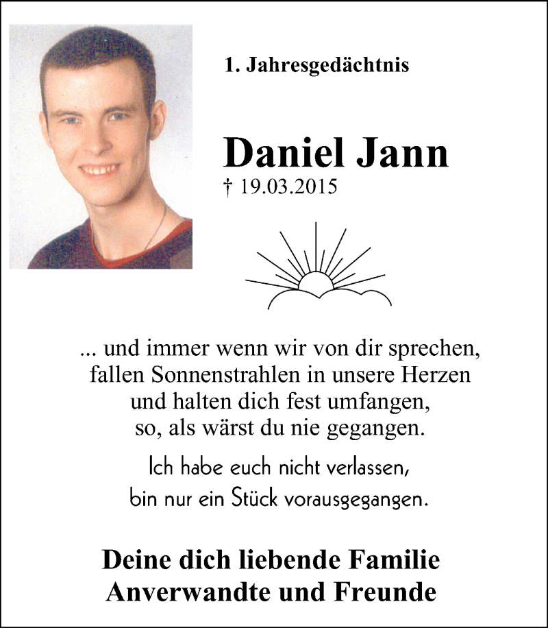  Traueranzeige für Daniel Jann vom 19.03.2016 aus Mülheimer Woche