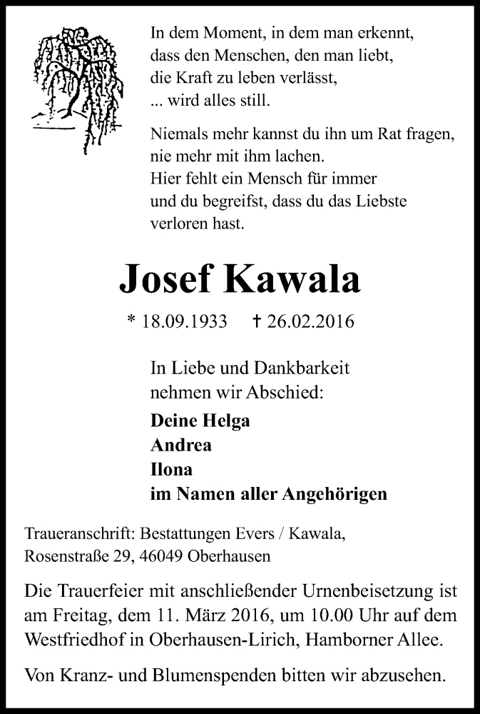  Traueranzeige für Josef Kawala vom 05.03.2016 aus Wochen-Anzeiger Oberhausen