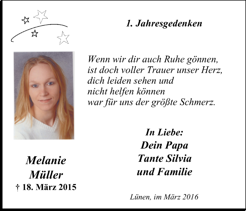  Traueranzeige für Melanie Müller vom 19.03.2016 aus Lüner Anzeiger