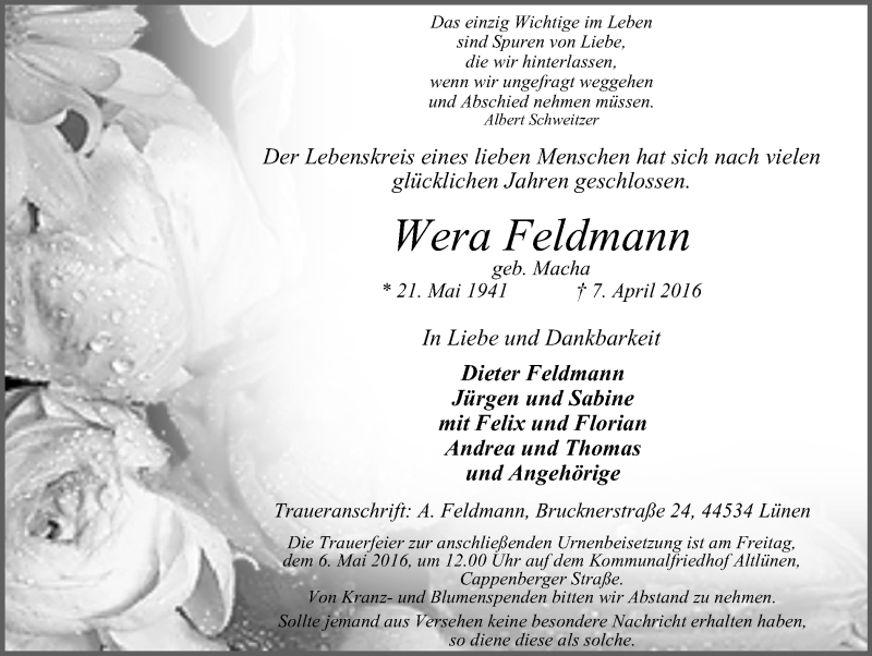  Traueranzeige für Wera Feldmann vom 30.04.2016 aus Lüner Anzeiger