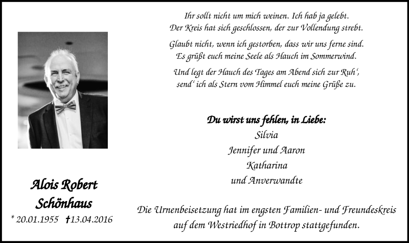  Traueranzeige für Alois Robert Schönhaus vom 23.04.2016 aus Stadtspiegel Bottrop