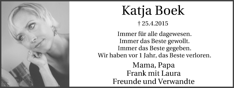  Traueranzeige für Katja Boek vom 23.04.2016 aus Lüner Anzeiger