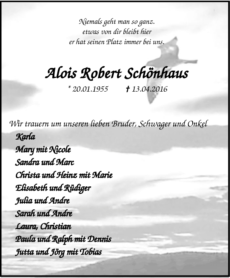  Traueranzeige für Alois Robert Schönhaus vom 23.04.2016 aus Stadtspiegel Bottrop