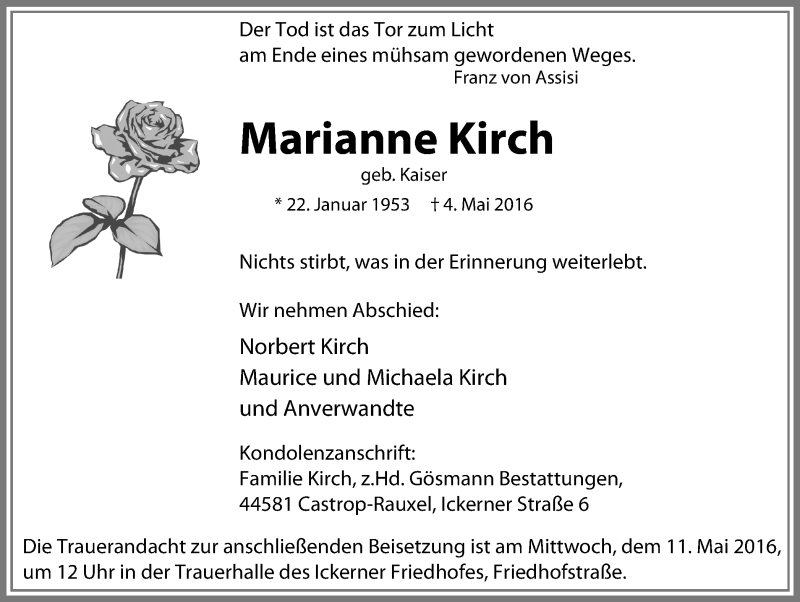  Traueranzeige für Marianne Kirch vom 07.05.2016 aus Stadtanz.Castrop-Rauxel
