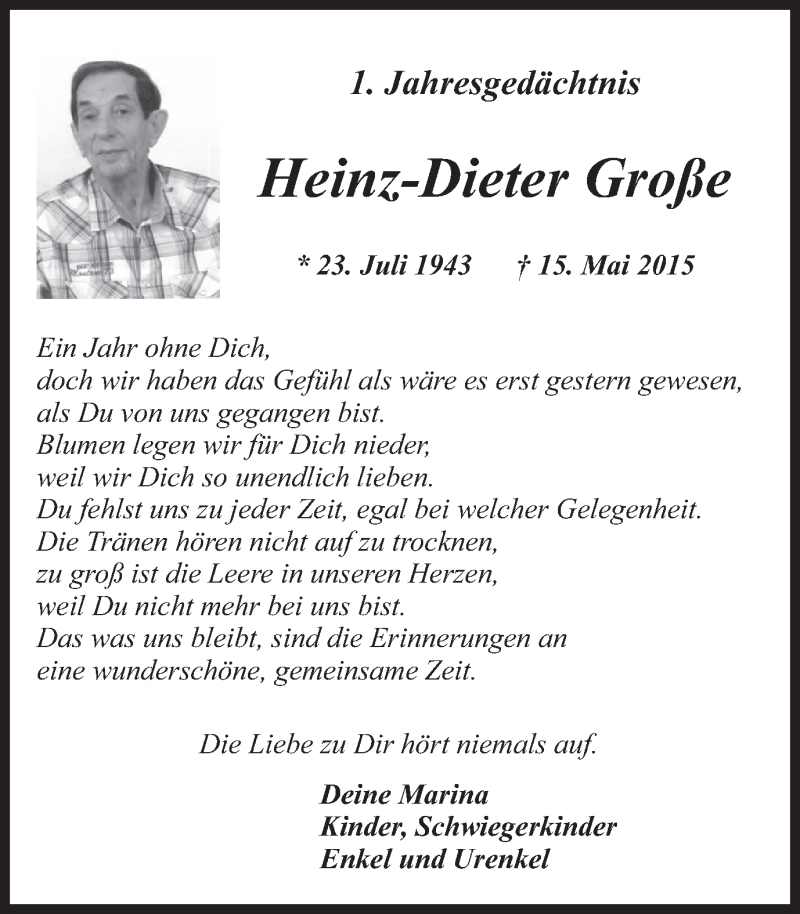  Traueranzeige für Heinz-Dieter Große vom 14.05.2016 aus Wochen-Anzeiger Oberhausen