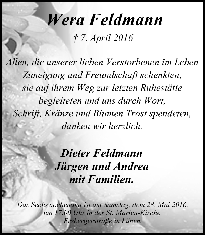  Traueranzeige für Wera Feldmann vom 25.05.2016 aus Lüner Anzeiger