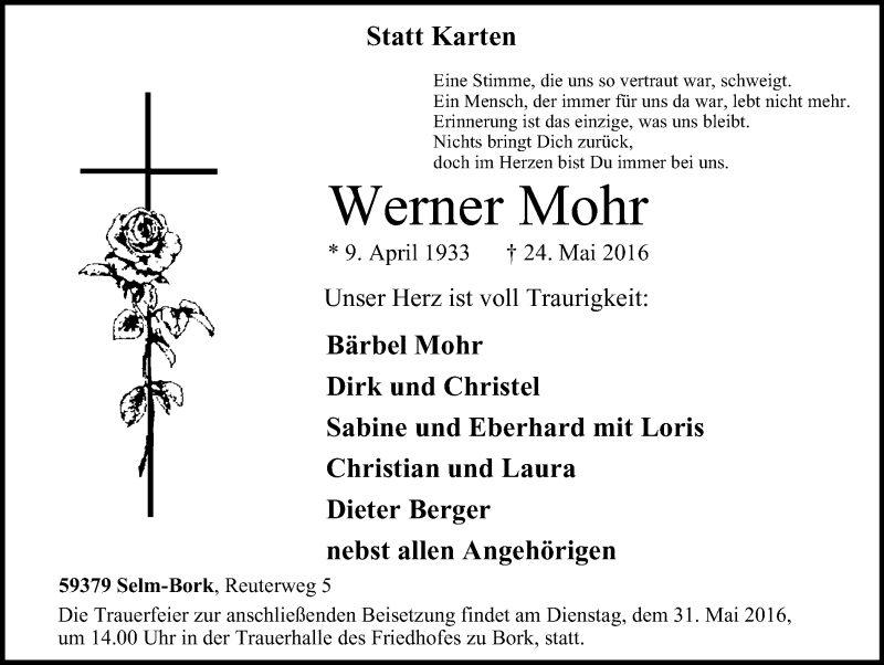  Traueranzeige für Werner Mohr vom 28.05.2016 aus Lüner Anzeiger