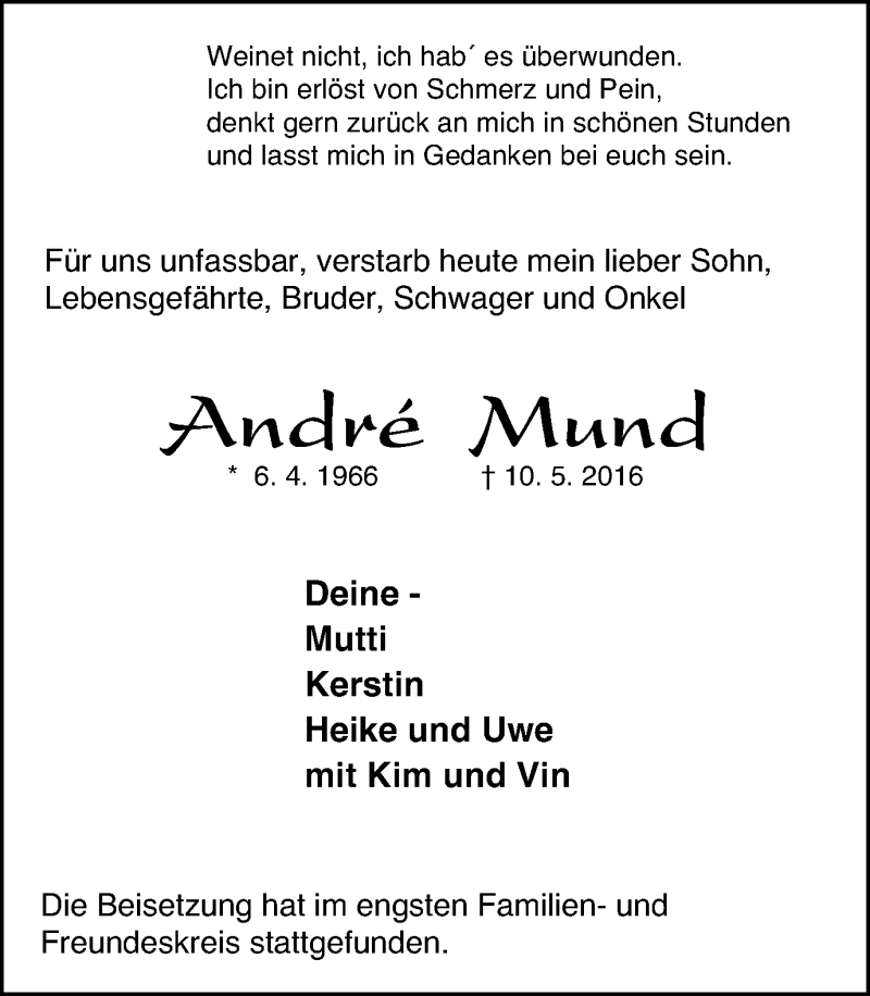  Traueranzeige für André Mund vom 28.05.2016 aus Stadtspiegel Bottrop
