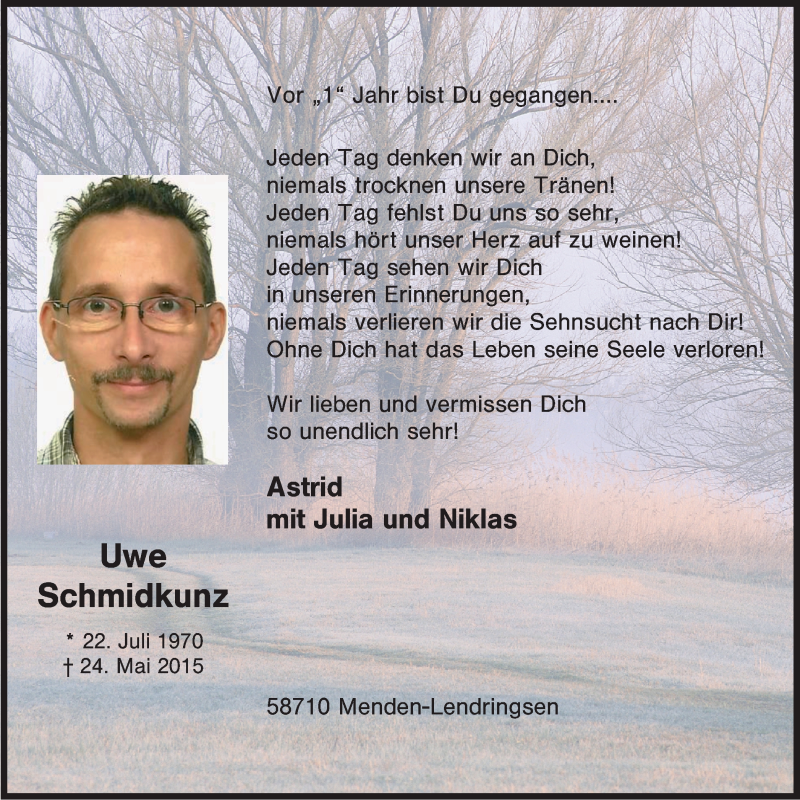  Traueranzeige für Uwe Schmidkunz vom 25.05.2016 aus Stadtspiegel Menden + Froendenberg