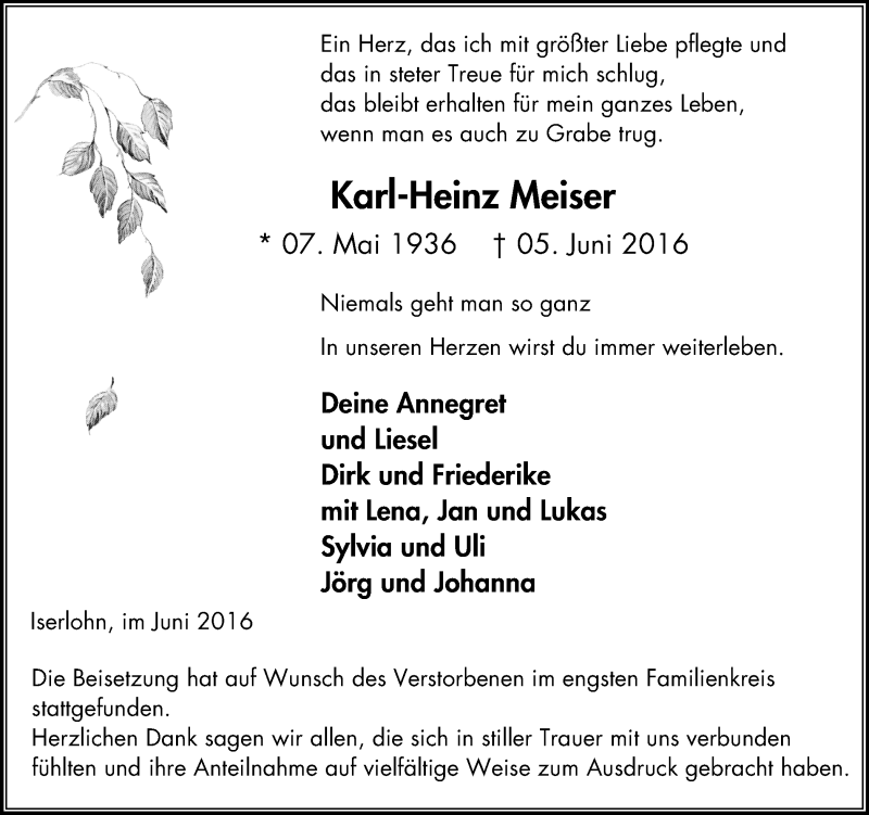  Traueranzeige für Karl-Heinz Meiser vom 18.06.2016 aus Stadtspiegel Iserlohn + Hemer