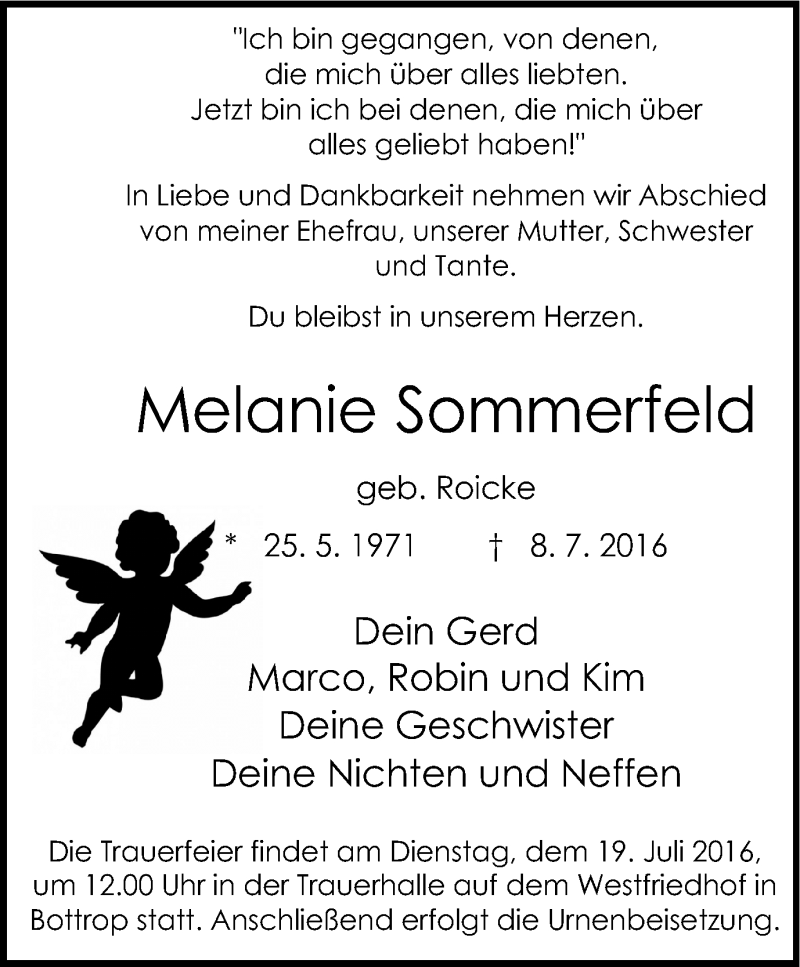  Traueranzeige für Melanie Sommerfeld vom 16.07.2016 aus Stadtspiegel Bottrop