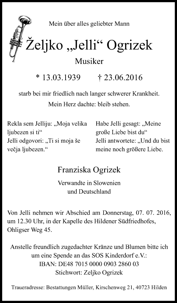  Traueranzeige für Željko Ogrizek vom 02.07.2016 aus Wochen-Anzeiger Langenfeld/Monheim/Hilden