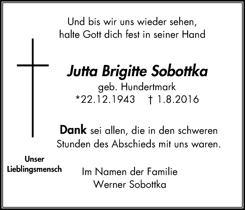  Traueranzeige für Jutta Brigitte Sobottka vom 10.08.2016 aus Stadtanz.Castrop-Rauxel