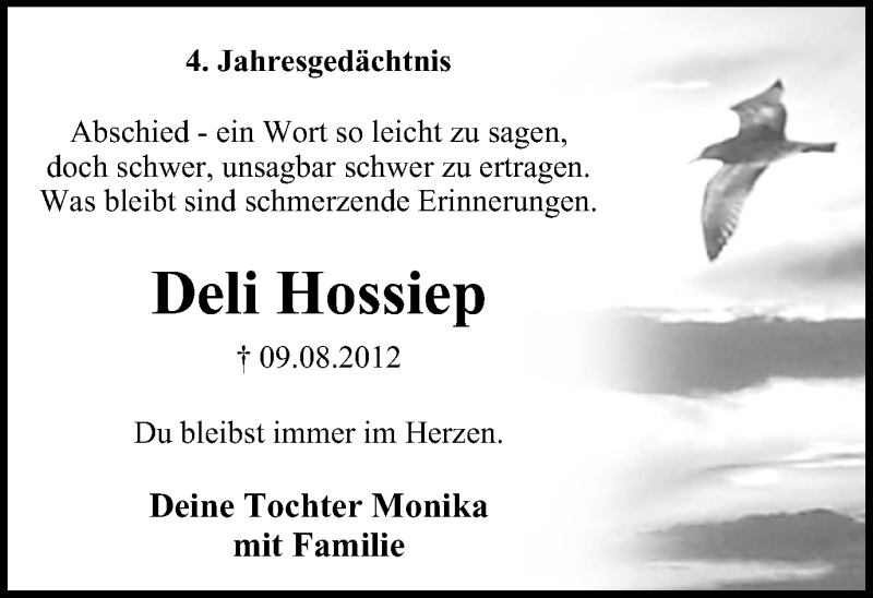  Traueranzeige für Deli Hossiep vom 10.08.2016 aus Stadtspiegel Hattingen/Niedersprockhövel