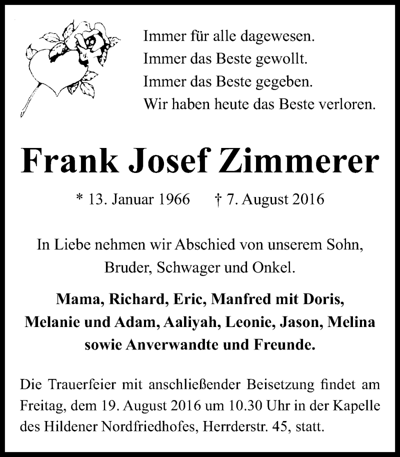  Traueranzeige für Frank Josef Zimmerer vom 17.08.2016 aus Wochen-Anzeiger Langenfeld/Monheim/Hilden
