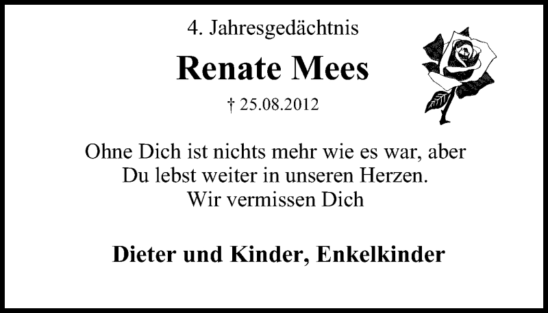  Traueranzeige für Renate Mees vom 27.08.2016 aus Mülheimer Woche