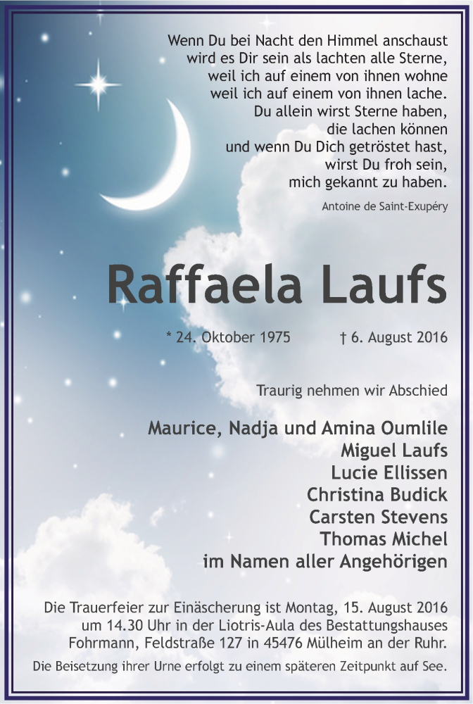  Traueranzeige für Raffaela Laufs vom 10.08.2016 aus Mülheimer Woche