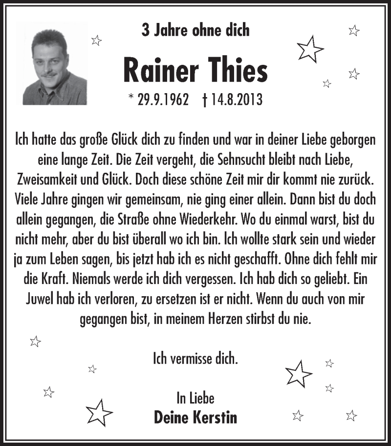  Traueranzeige für Rainer Thies vom 17.08.2016 aus Stadtanz.Castrop-Rauxel