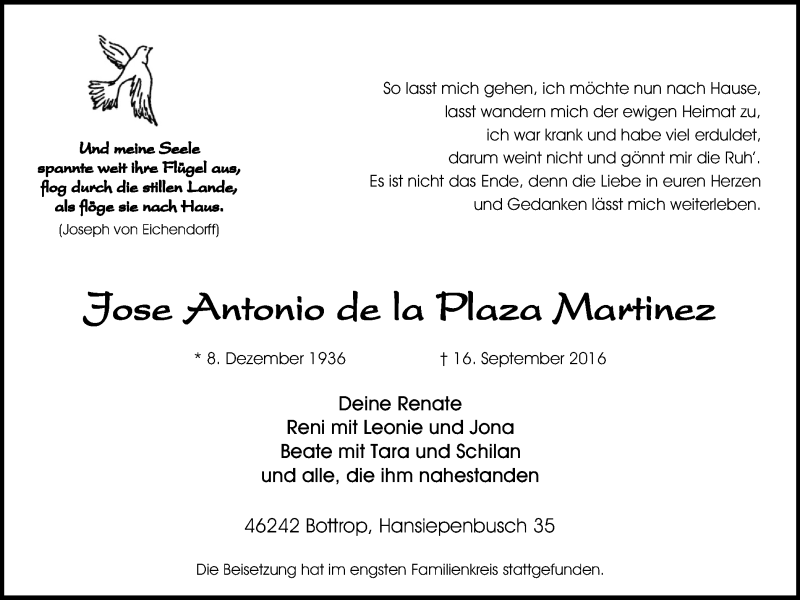  Traueranzeige für Jose Antonio de la Plaza Martinez vom 28.09.2016 aus Stadtspiegel Bottrop