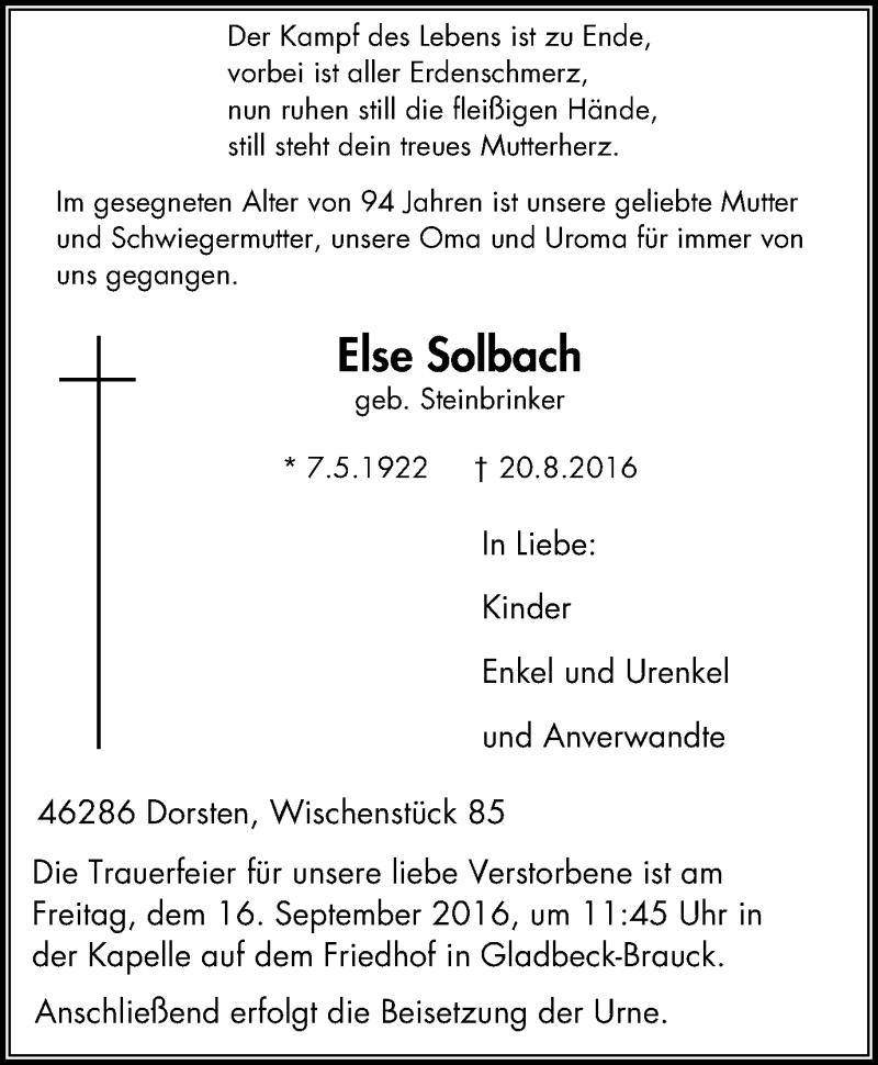  Traueranzeige für Else Solbach vom 03.09.2016 aus Stadtspiegel Gladbeck