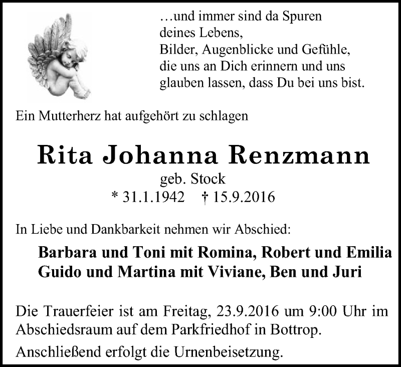  Traueranzeige für Rita Johanna Renzmann vom 21.09.2016 aus Stadtspiegel Bottrop