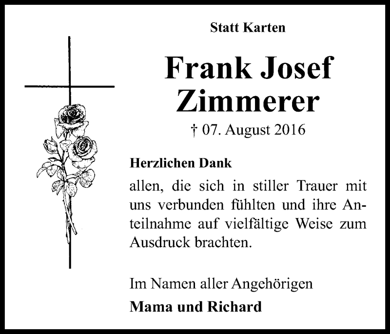  Traueranzeige für Frank Josef Zimmerer vom 10.09.2016 aus Wochen-Anzeiger Langenfeld/Monheim/Hilden