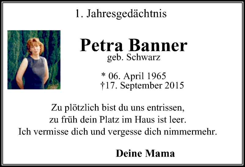  Traueranzeige für Petra Banner vom 17.09.2016 aus Stadtspiegel Gladbeck